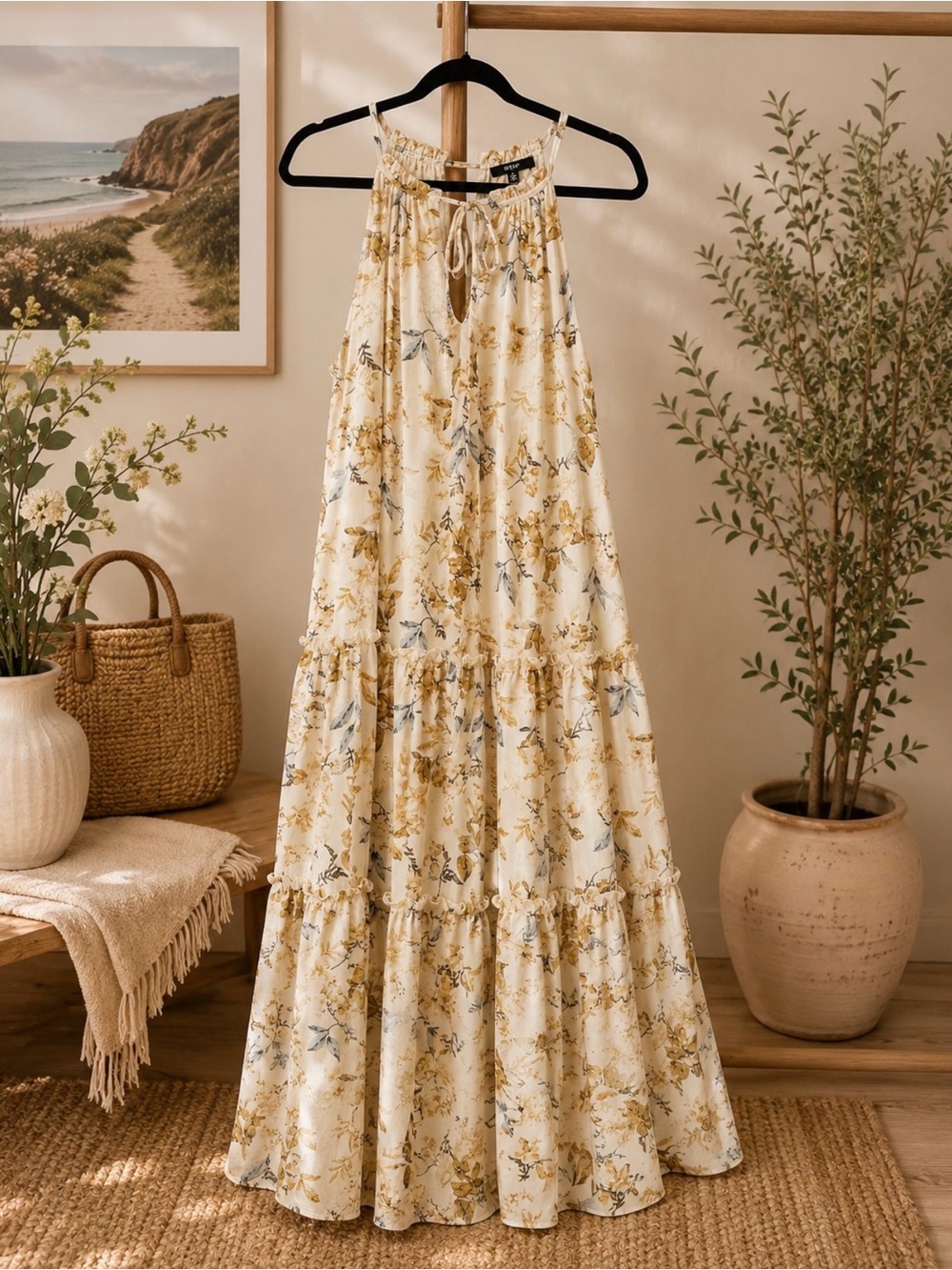 DREW Ivory Floral Tiered Maxi Dress Sleeveless High Neck Boho Romantic - NWT